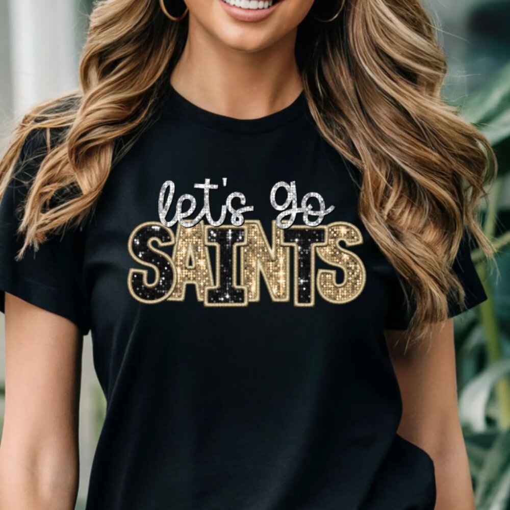 Let's Go Saints Faux Sequin/Glitter Tee  (Black/New)